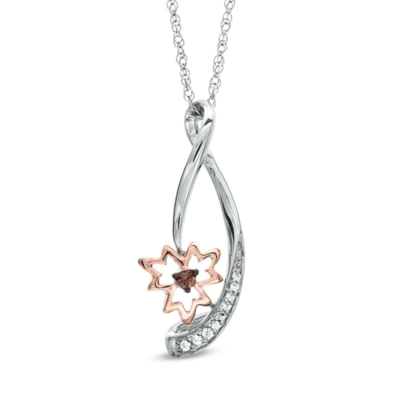 Enhanced Champagne and White Diamond Accent Maple Leaf Drop Pendant in Sterling Silver and 10K Rose Gold|Peoples Jewellers