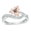 Enhanced Champagne and White Diamond Accent Maple Leaf Ring in Sterling Silver and 10K Rose Gold