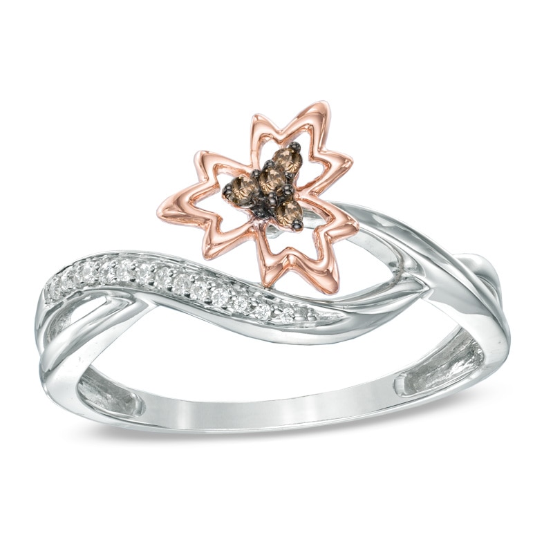 Enhanced Champagne and White Diamond Accent Maple Leaf Ring in Sterling Silver and 10K Rose Gold|Peoples Jewellers