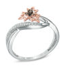 Enhanced Champagne and White Diamond Accent Maple Leaf Ring in Sterling Silver and 10K Rose Gold