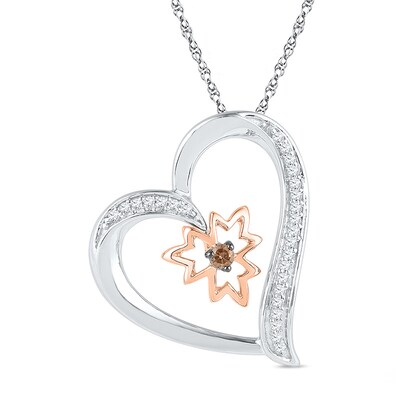 0.16 CT. T.W. Diamond Tilted Heart with Maple Leaf Pendant in Sterling Silver and 10K Rose Gold