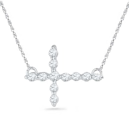 Lab-Created White Sapphire Sideways Cross Necklace in Sterling Silver