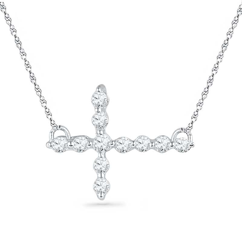 Main Image 1 of Lab-Created White Sapphire Sideways Cross Necklace in Sterling Silver