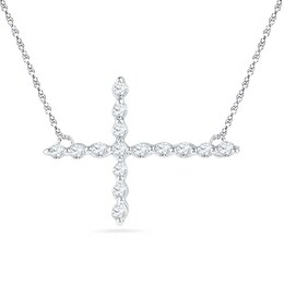 Lab-Created White Sapphire Sideways Cross Necklace in Sterling Silver