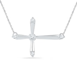 Lab-Created White Sapphire Sideways Cross Necklace in Sterling Silver