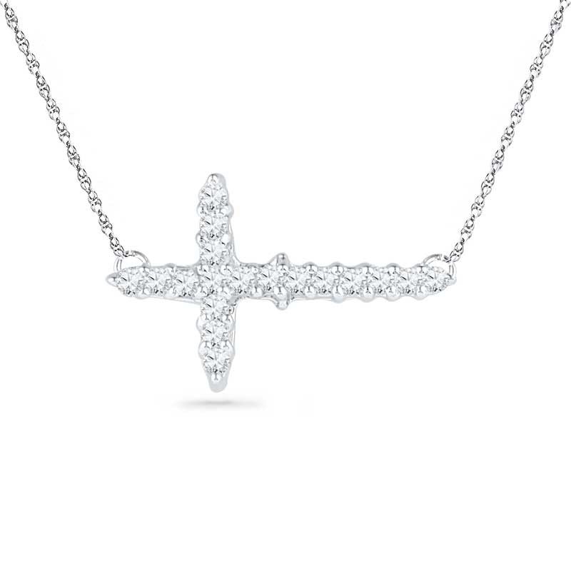 Main Image 1 of Lab-Created White Sapphire Sideways Cross Necklace in Sterling Silver