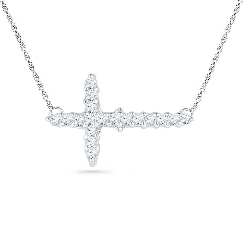 Lab-Created White Sapphire Sideways Cross Necklace in Sterling Silver