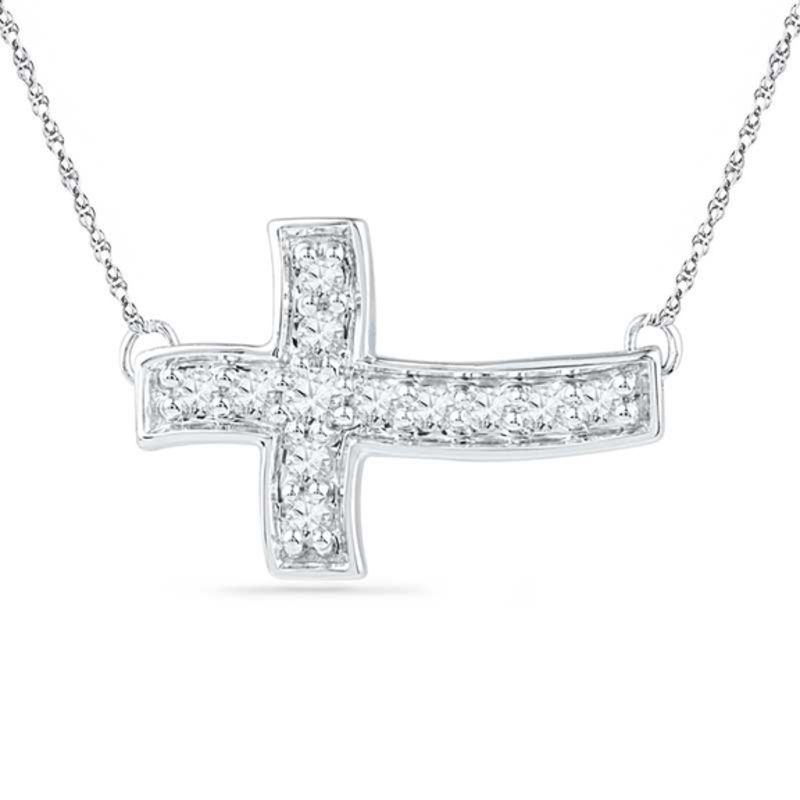White Sapphire Sideways Cross Necklace 