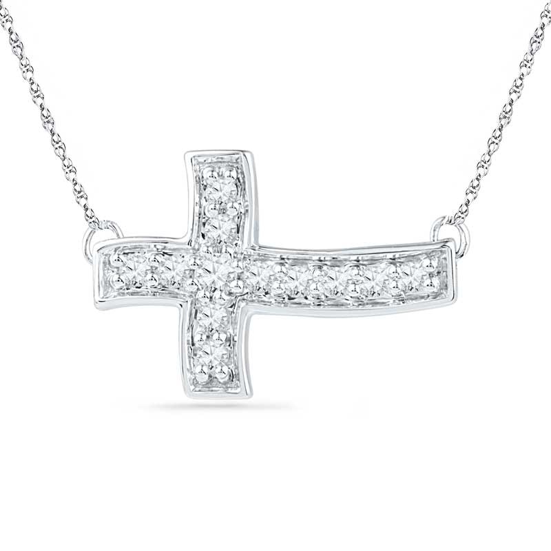 Lab-Created White Sapphire Sideways Cross Necklace in Sterling Silver