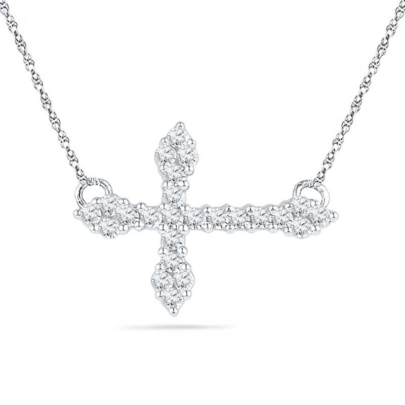 Main Image 1 of Lab-Created White Sapphire Sideways Cross Necklace in Sterling Silver