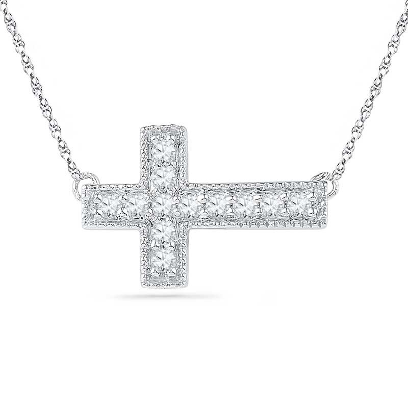 Main Image 1 of Lab-Created White Sapphire Sideways Cross Necklace in Sterling Silver