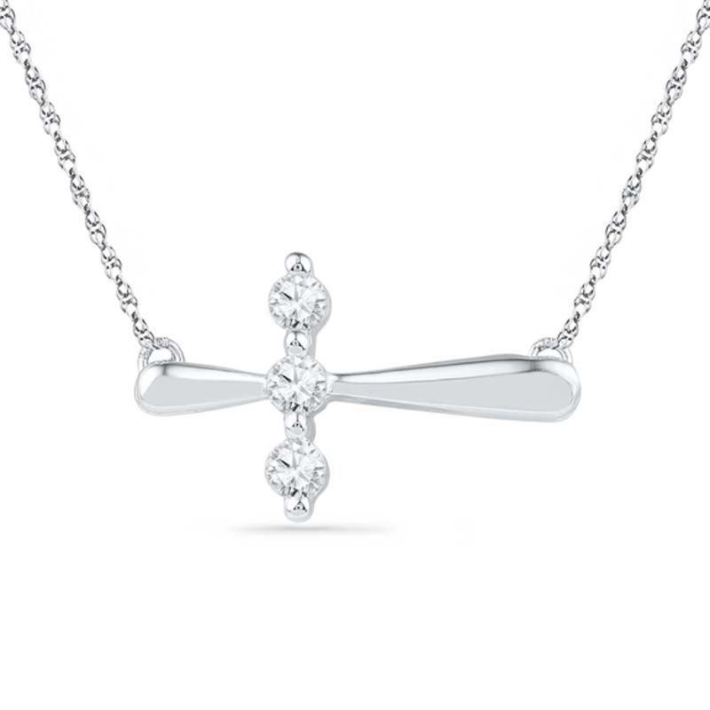 Lab-Created White Sapphire Three Stone Sideways Cross Necklace in Sterling Silver