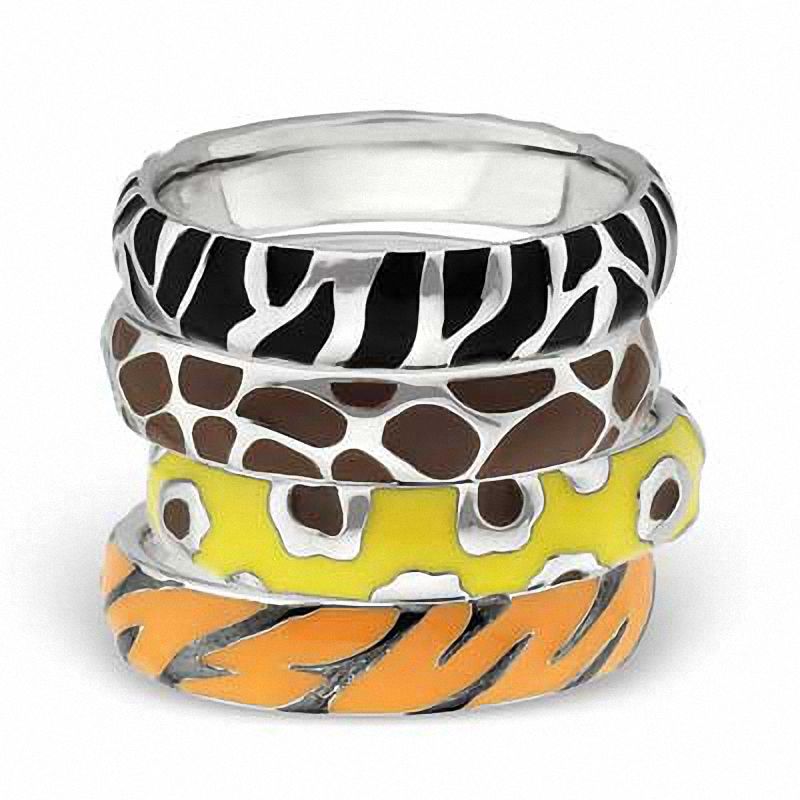 Stackable Expressions™ 4.5mm Brown and White Enamel Giraffe Print Band in Sterling Silver