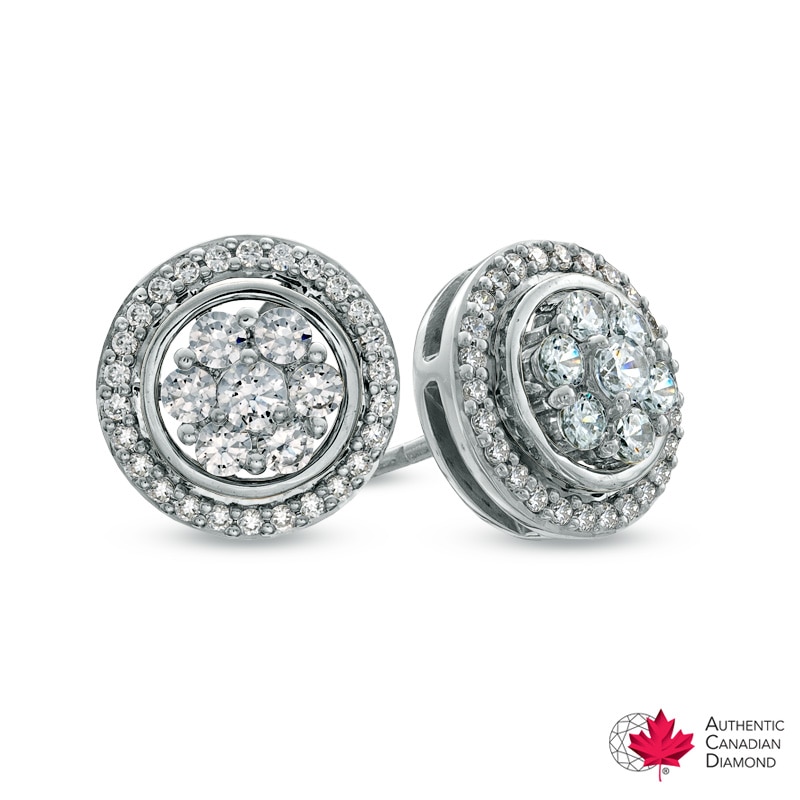 Main Image 1 of 0.63 CT. T.W. Certified Canadian Diamond Cluster Frame Stud Earrings in 14K White Gold (I/I1)