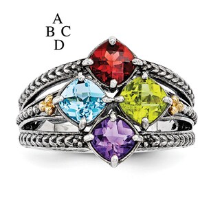 Mother's Cushion-Cut Simulated Birthstone Ring in Sterling Silver and 14K Gold ( Stones