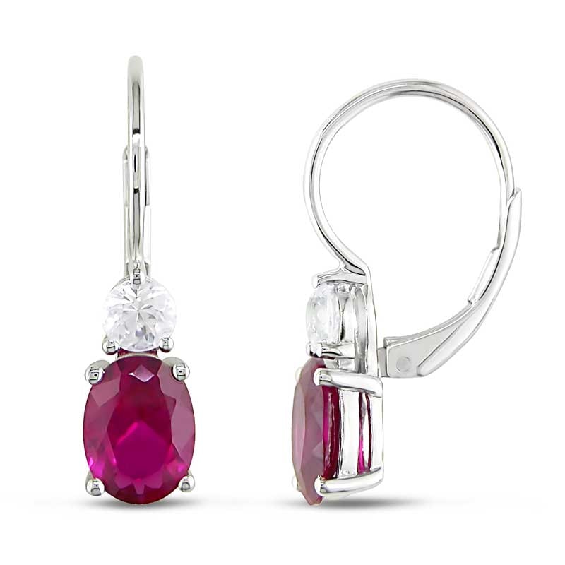 Main Image 1 of Oval Lab-Created Ruby and White Lab-Created Sapphire Earrings in Sterling Silver