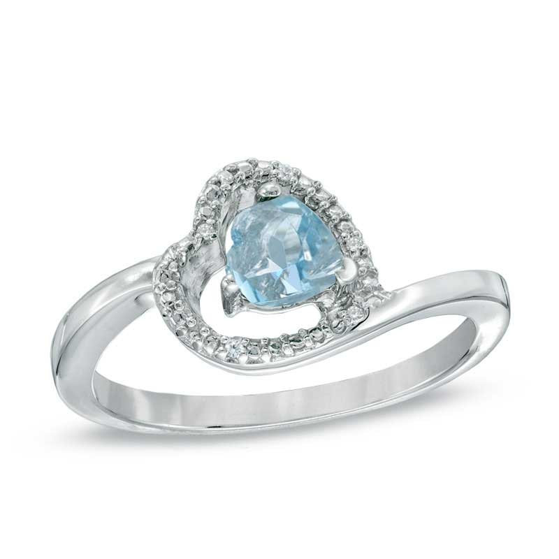 5.0mm Sideways Heart-Shaped Aquamarine and Diamond Accent Ring in Sterling Silver|Peoples Jewellers