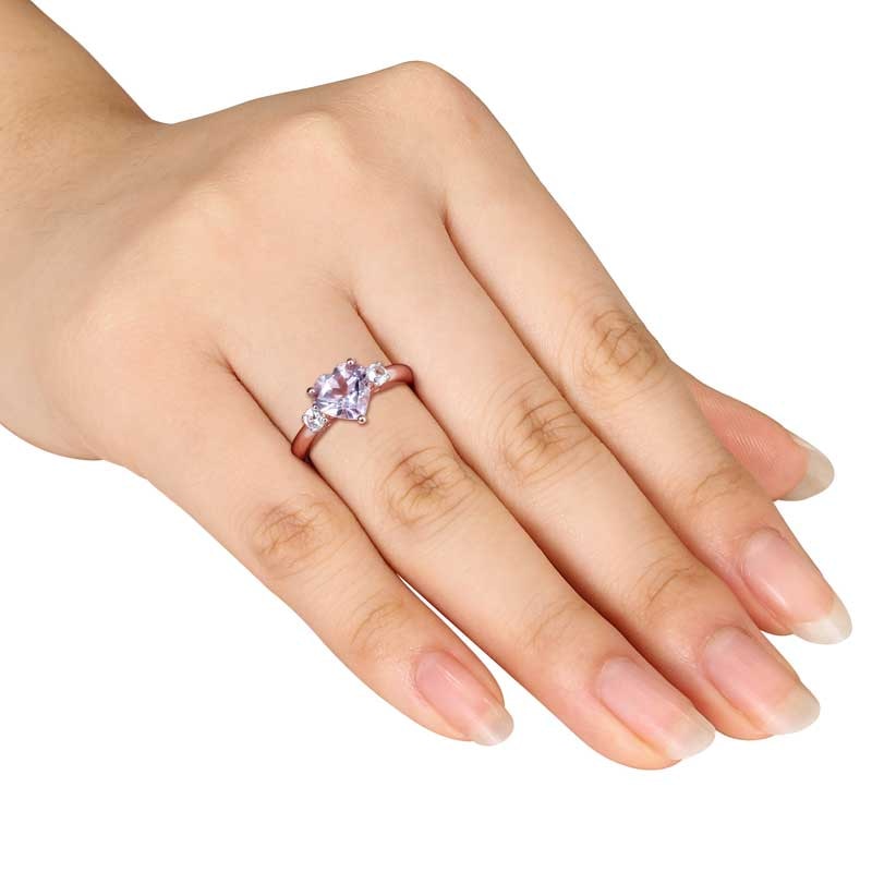 Heart-Shaped Rose de France Amethyst and Lab-Created White Sapphire Ring in Sterling Silver with Rose Rhodium