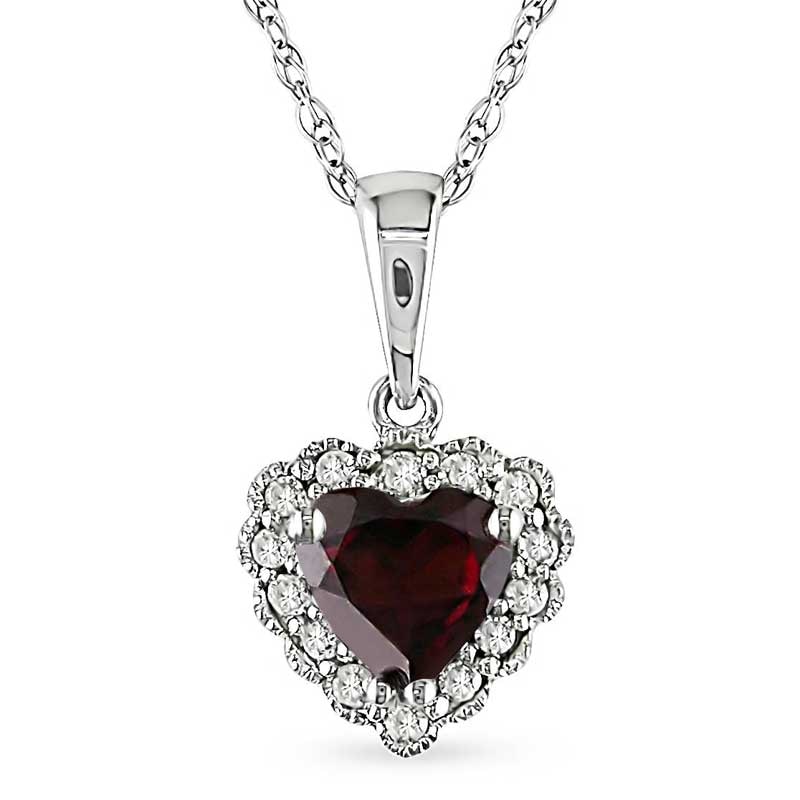 5.0mm Heart-Shaped Garnet and Diamond Accent Frame Pendant in 10K White Gold - 17"|Peoples Jewellers