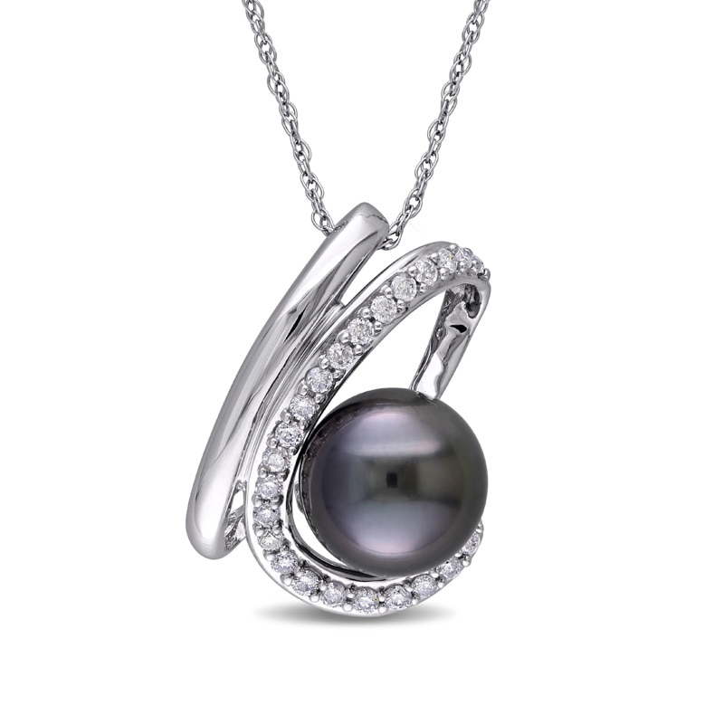 9.0 - 9.5mm Black Cultured Tahitian Pearl and 0.23 CT. T.W. Diamond Swirl Pendant in 10K White Gold - 17"