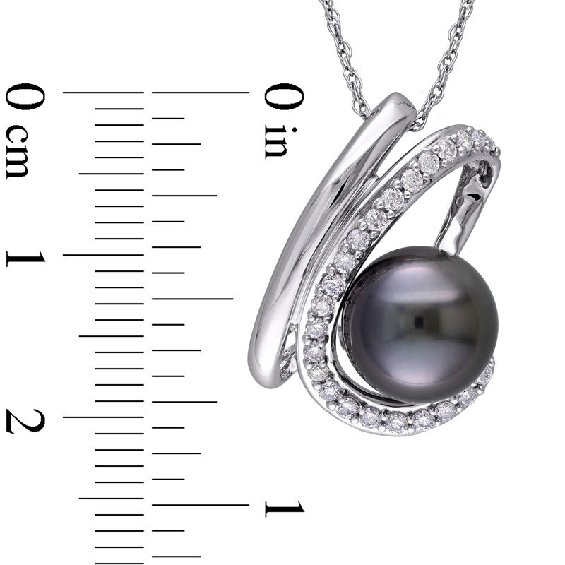 9.0 - 9.5mm Black Cultured Tahitian Pearl and 0.23 CT. T.W. Diamond Swirl Pendant in 10K White Gold - 17"