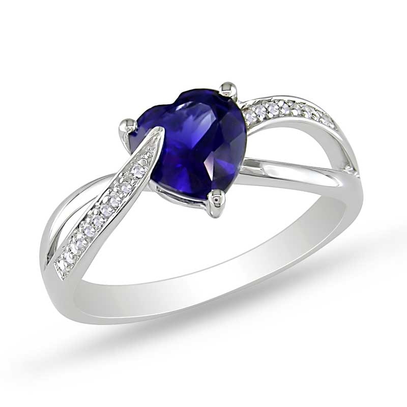 7.0mm Heart-Shaped Lab-Created Blue Sapphire and Diamond Accent Ring in Sterling Silver