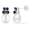 Thumbnail Image 1 of 8.0-8.5mm Freshwater Cultured Pearl, Blue Sapphire and Diamond Accent Earrings in 10K White Gold