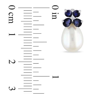 8.0-8.5mm Freshwater Cultured Pearl, Blue Sapphire and Diamond Accent Earrings in 10K White Gold