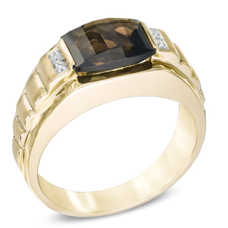 Men's Barrel-Cut Smoky Quartz and Diamond Accent Ring in 10K Gold