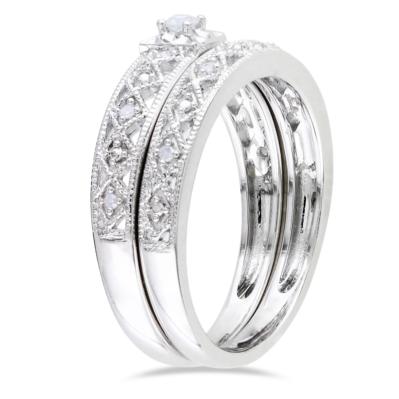 Main Image 2 of 0.10 CT. T.W. Diamond Art Deco-Inspired Bridal Set in Sterling Silver