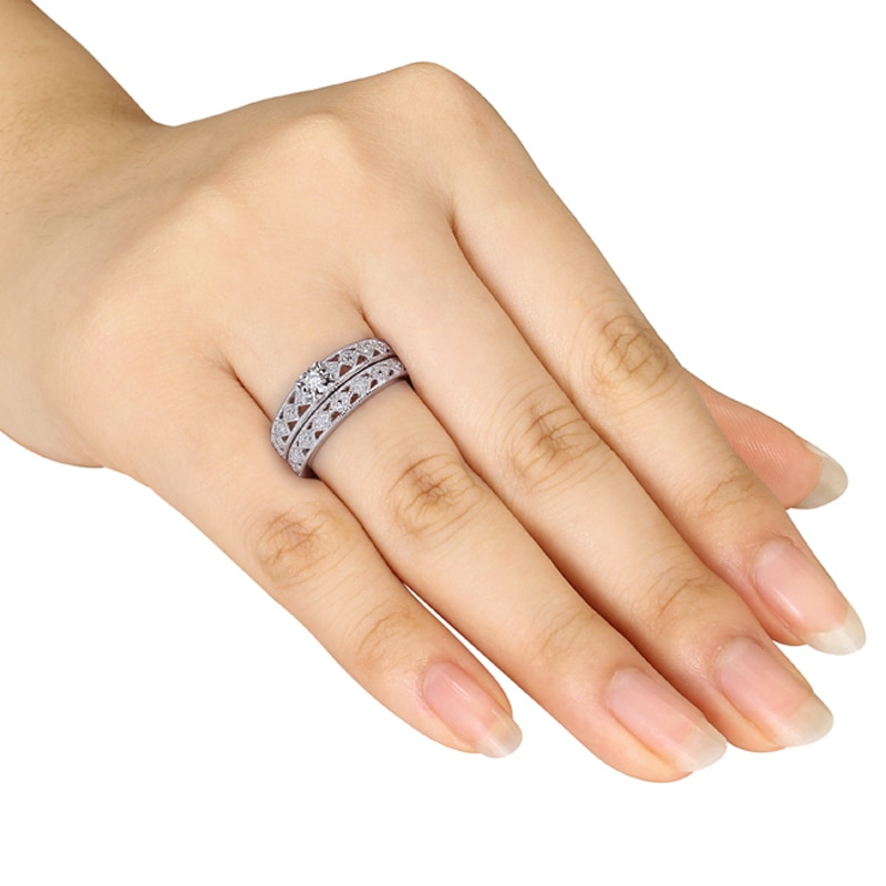 Main Image 3 of 0.10 CT. T.W. Diamond Art Deco-Inspired Bridal Set in Sterling Silver