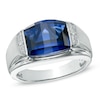 Thumbnail Image 1 of Men's Barrel-Cut Blue Lab-Created Sapphire and Diamond Accent Ring in Sterling Silver