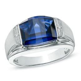 Men's Barrel-Cut Blue Lab-Created Sapphire and Diamond Accent Ring in Sterling Silver