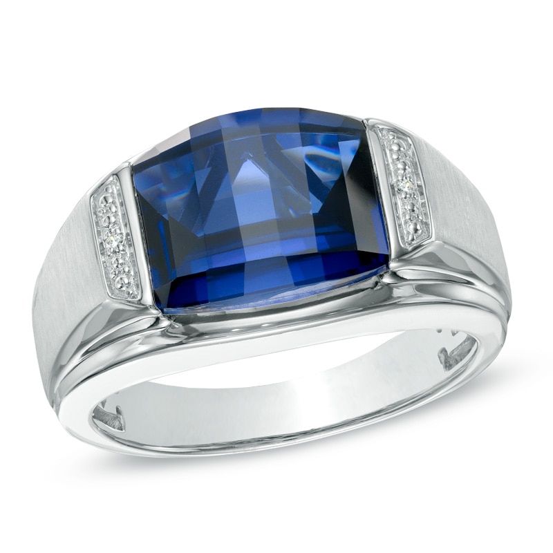 Men's Barrel-Cut Blue Lab-Created Sapphire and Diamond Accent Ring in Sterling Silver|Peoples Jewellers