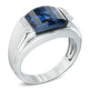 Thumbnail Image 2 of Men's Barrel-Cut Blue Lab-Created Sapphire and Diamond Accent Ring in Sterling Silver