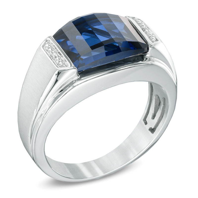 Men's Barrel-Cut Lab-Created Blue Sapphire and Diamond Accent Ring in Sterling Silver