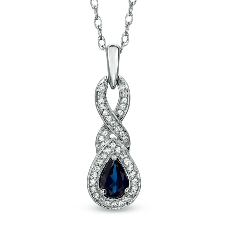 Pear-Shaped Lab-Created Blue Sapphire and 0.12 CT. T.W. Diamond Cascading Pendant in Sterling Silver