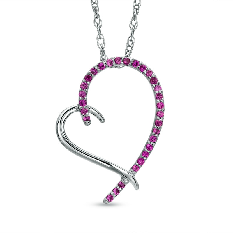 Lab-Created Pink Sapphire Tilted Heart Pendant in Sterling Silver