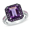 Thumbnail Image 0 of Rectangular Amethyst and Pink Lab-Created Sapphire Ring in Sterling Silver