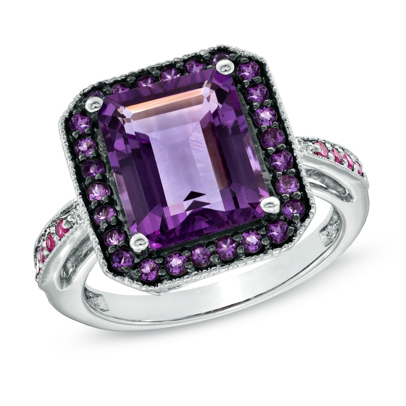 Rectangular Amethyst and Pink Lab-Created Sapphire Ring in Sterling Silver