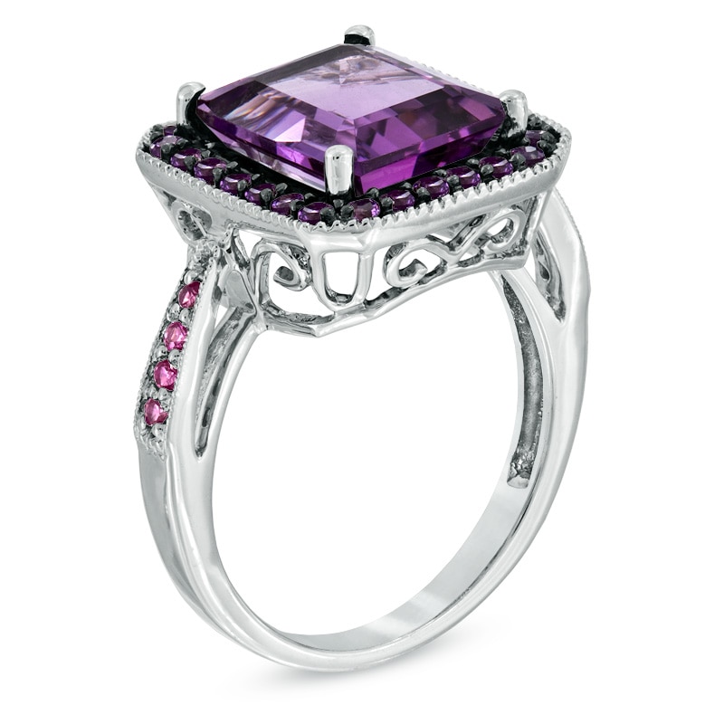 Rectangular Amethyst and Pink Lab-Created Sapphire Ring in Sterling Silver