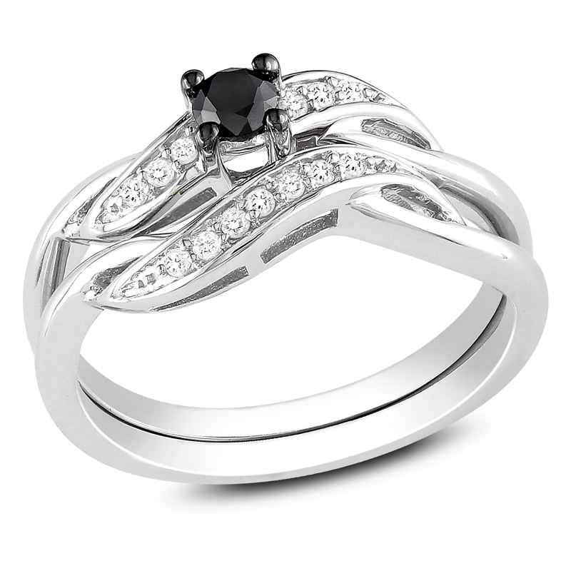 0.24 CT. T.W. Enhanced Black and White Diamond Sash Bridal Set in Sterling Silver