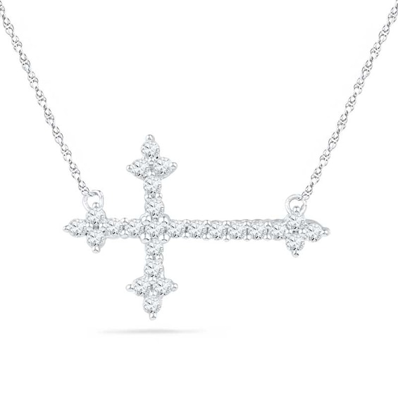 Lab-Created White Sapphire Sideways Cross Necklace in Sterling Silver