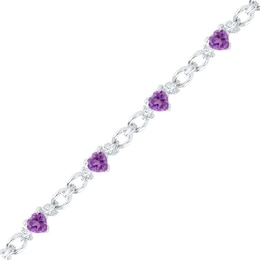 5.0mm Heart-Shaped Amethyst and Lab-Created White Sapphire Bracelet in Sterling Silver - 7.5"