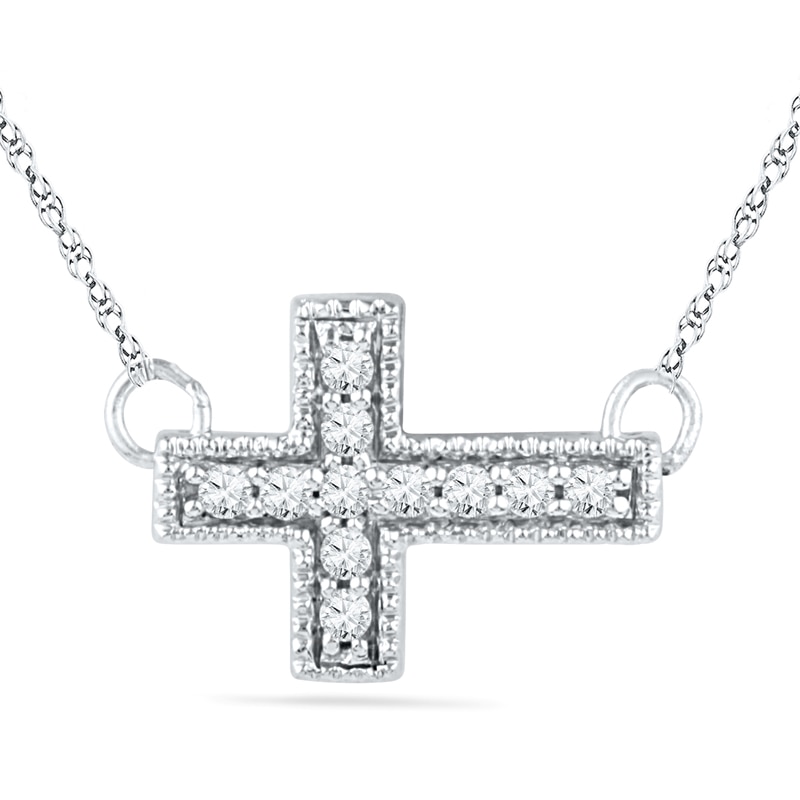 Diamond Accent Sideways Cross Necklace in Sterling Silver
