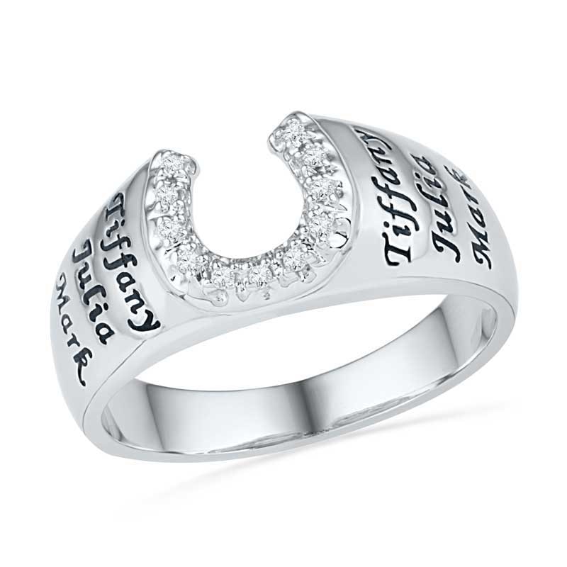 Men's Diamond Accent Horseshoe Engravable Family Ring in Sterling Silver (6 Names)