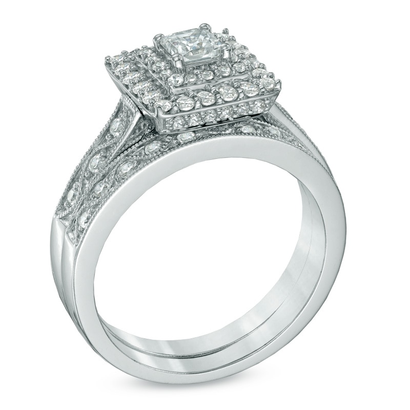 1.00 CT. T.W. Princess-Cut Diamond Double Frame Bridal Set in 14K White Gold