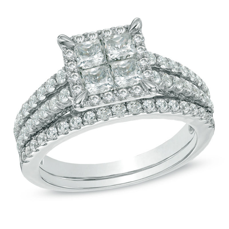 1.25 CT. T.W. Princess-Cut Quad Diamond Frame Bridal Set in 14K White Gold