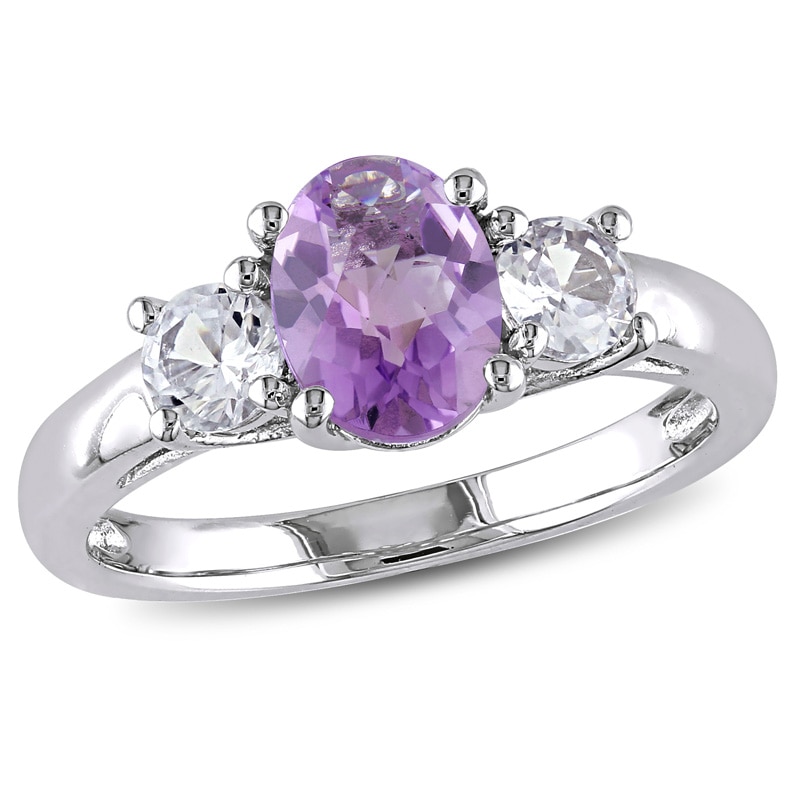 Main Image 1 of Oval Amethyst and White Lab-Created Sapphire Three Stone Ring in Sterling Silver