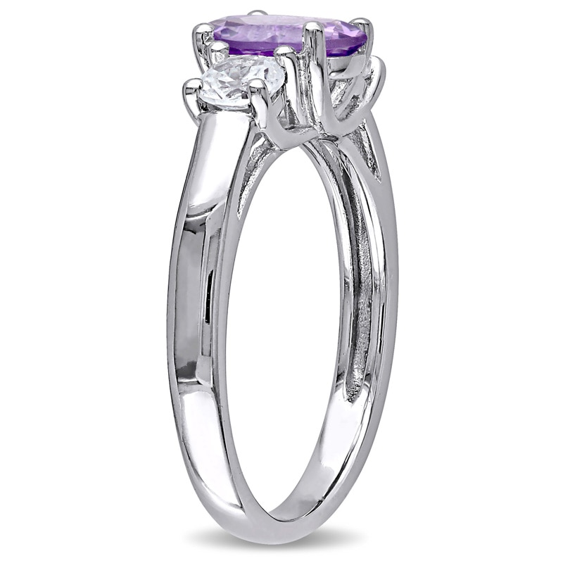 Oval Amethyst and White Lab-Created Sapphire Three Stone Ring in Sterling Silver